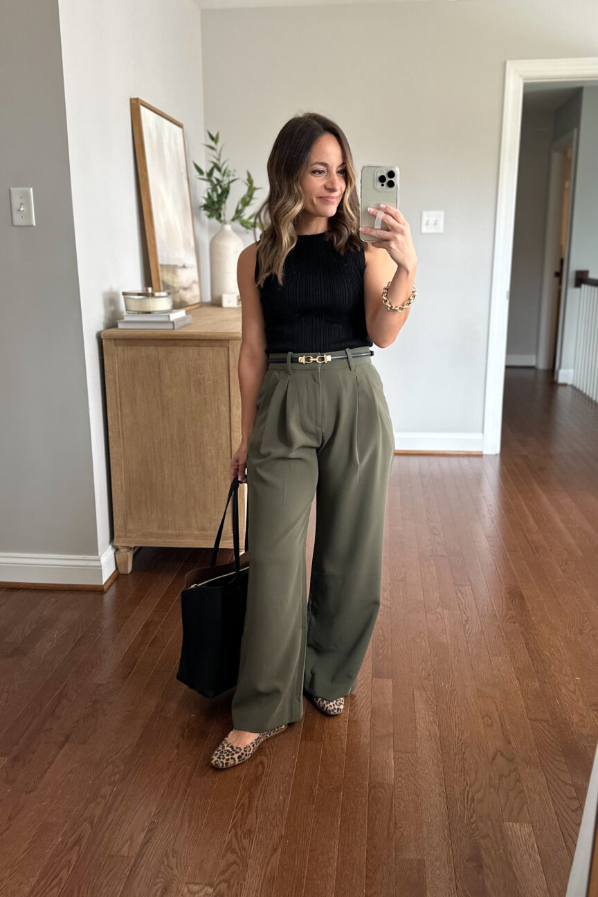 Three ways to wear leopard print ballet flats | fall outfit idea with olive trousers and leopard flats | petite style blogger Brooke of Pumps and Push-Ups styling leopard flats three ways