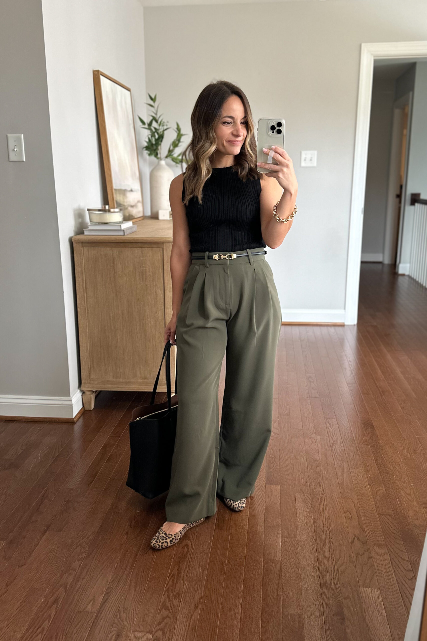 Three ways to wear leopard print ballet flats | fall outfit idea with olive trousers and leopard flats | petite style blogger Brooke of Pumps and Push-Ups styling leopard flats three ways